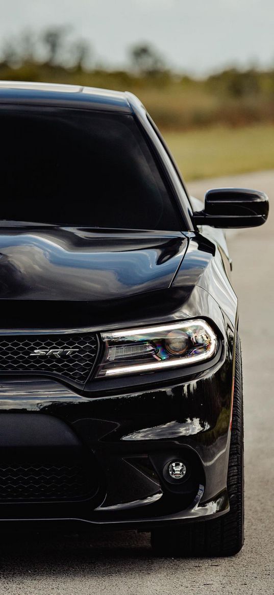 dodge charger, car, black, front view, headlight