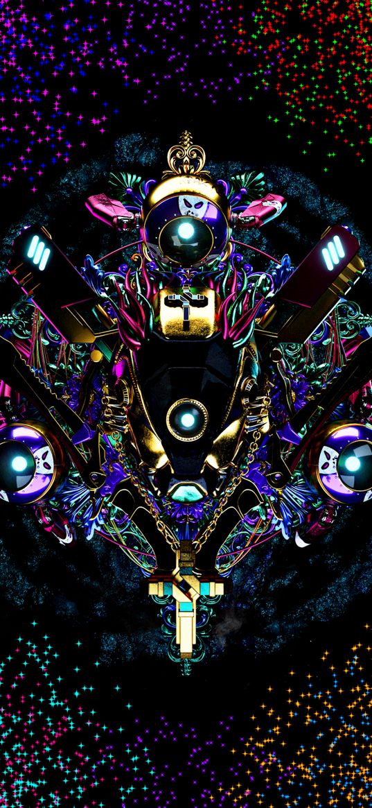 cross, balls, chain, circle, figures, colorful, shine, digital art