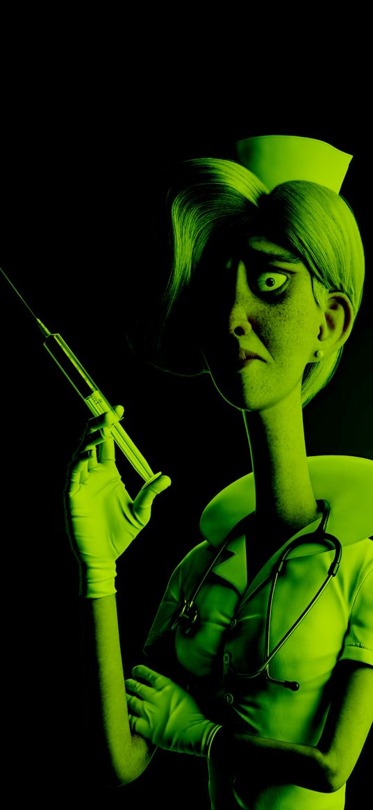 nurse, woman, syringe, look, green light, black background, digital art