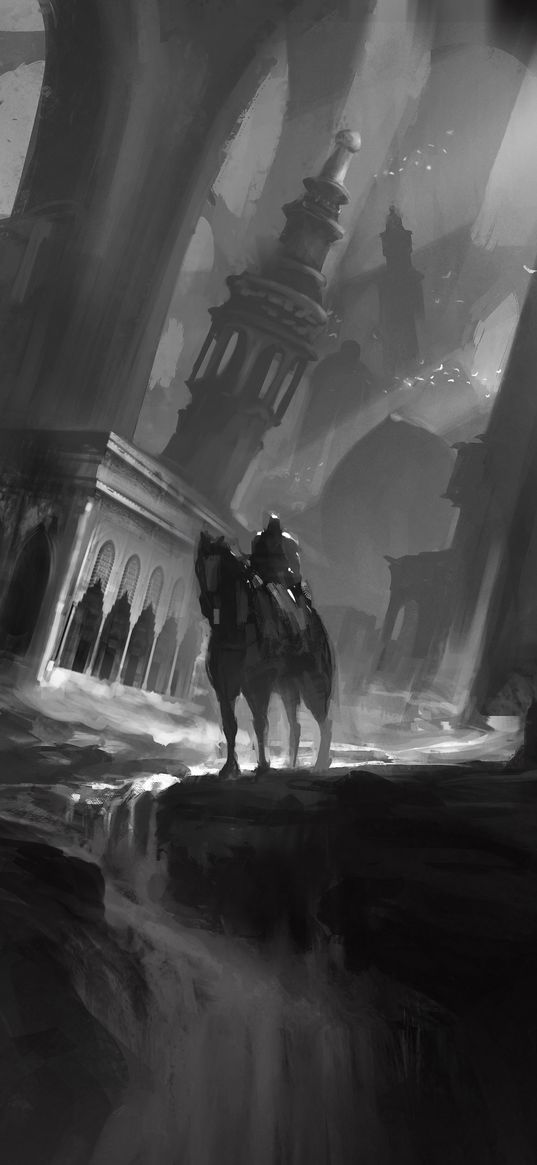 horse, horseman, ruins, architecture, art, black and white