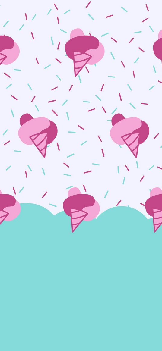 ice cream, pink, topping, minimalism, geometry, turquoise, cone, cute