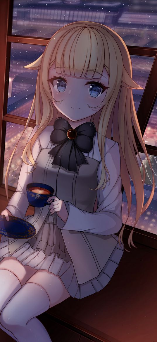 girl, neko, smile, tea party, anime