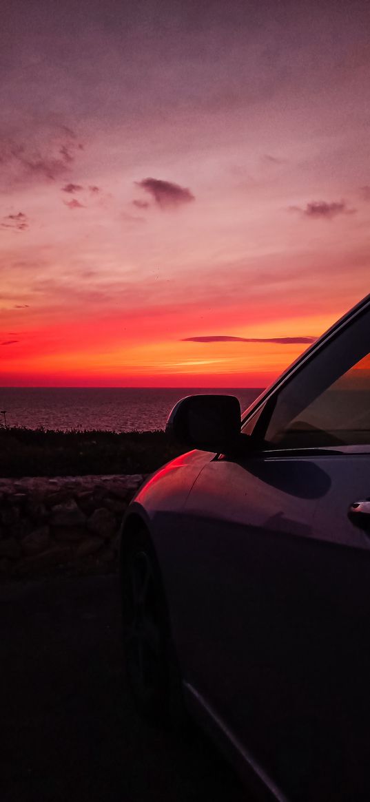 car, sunset, colours, sky, evening, vibes, peace, sea, happiness, alone