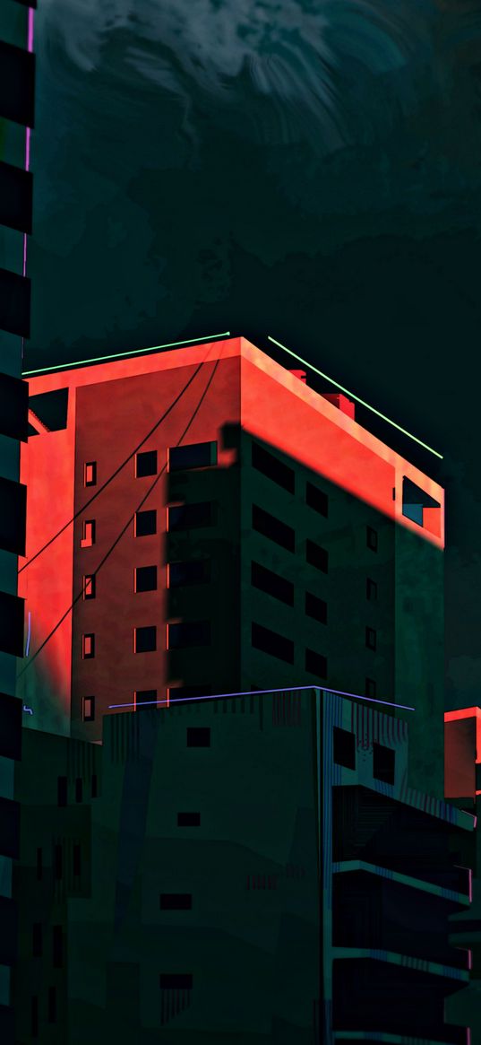 house, building, sky, divorces, drawing, red, green, art