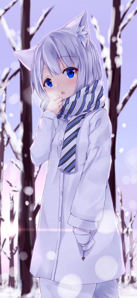 girl, neko, ears, winter, cold, snow, anime