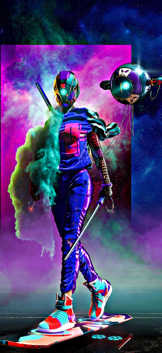 girl, cyberpunk, board, height, flying robot, bright, saturated, digital art