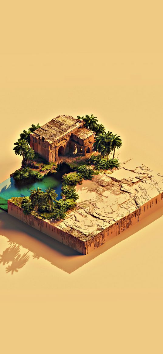 island, ruins, oasis, palm trees, lake, square, digital art