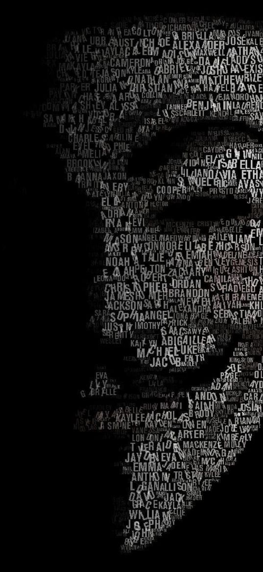 guy fawkes mask, anonymous, names, letters, black background