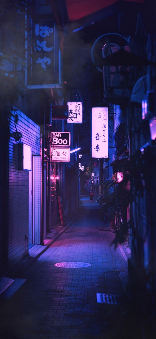 street, advertising, neon, glow, purple, hieroglyphs, japan, night