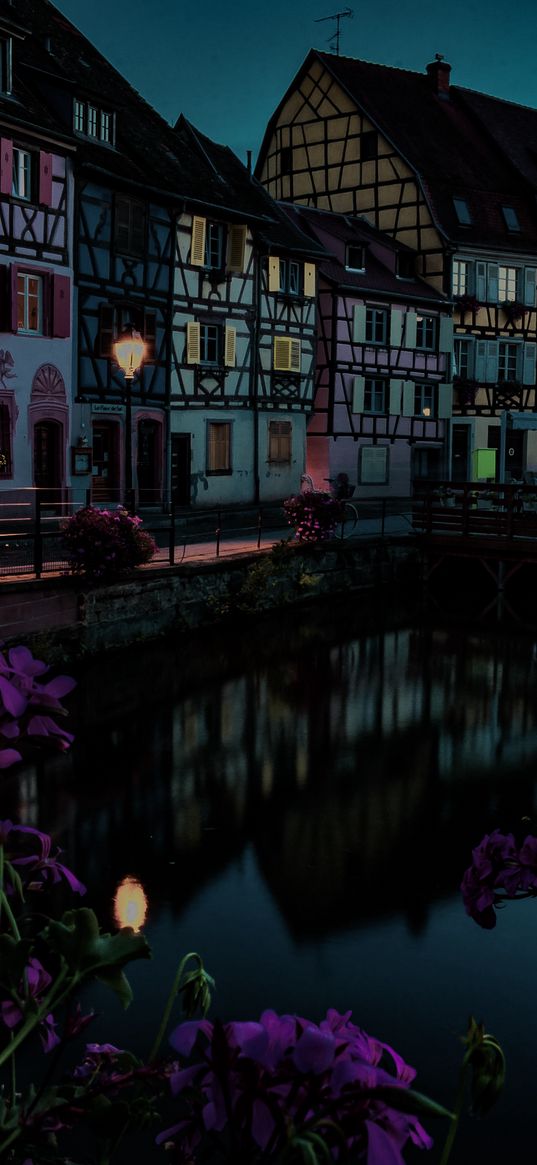 colmar, houses, street, river, flowers, lantern, france, night