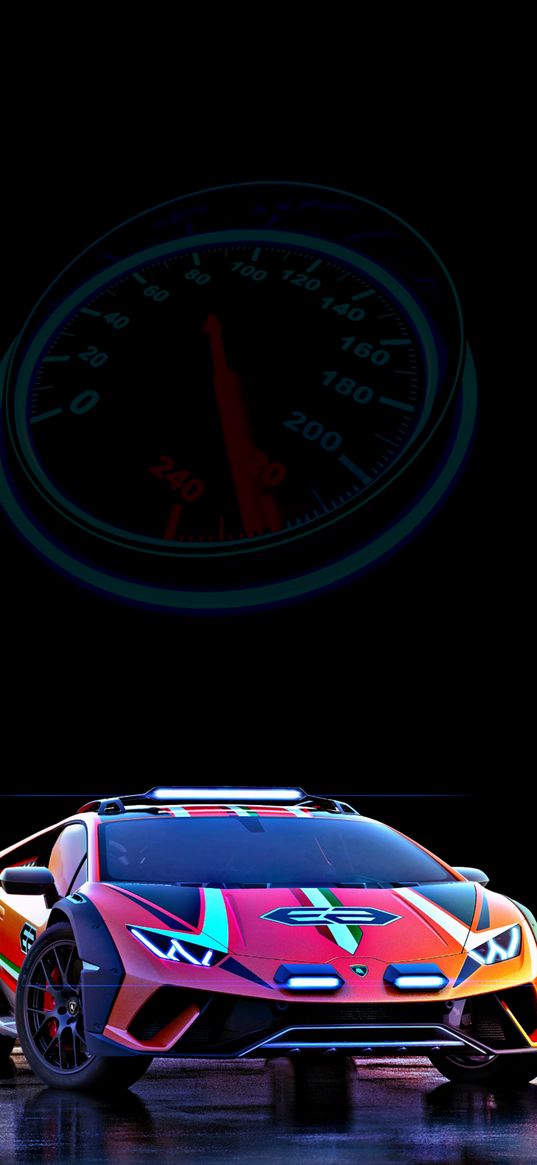 lamborghini huracan sterrato, lamborghini, concept car, sports car, speedometer, car, multicolored, black background, digital