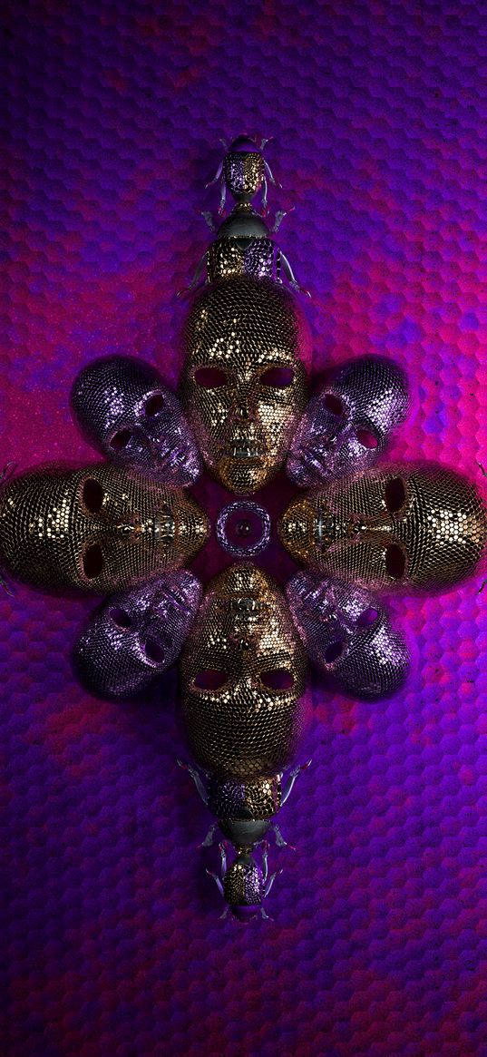 masks, beetles, glitter, gold, lilac, background, texture, digital art