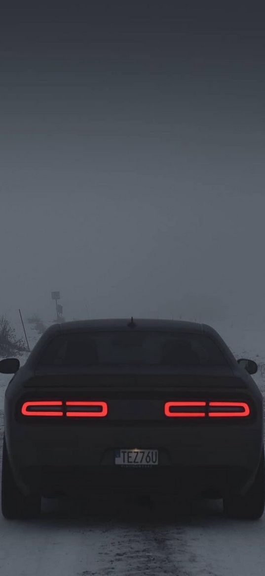 dodge challenger, dodge, car, black, road, winter, rear view