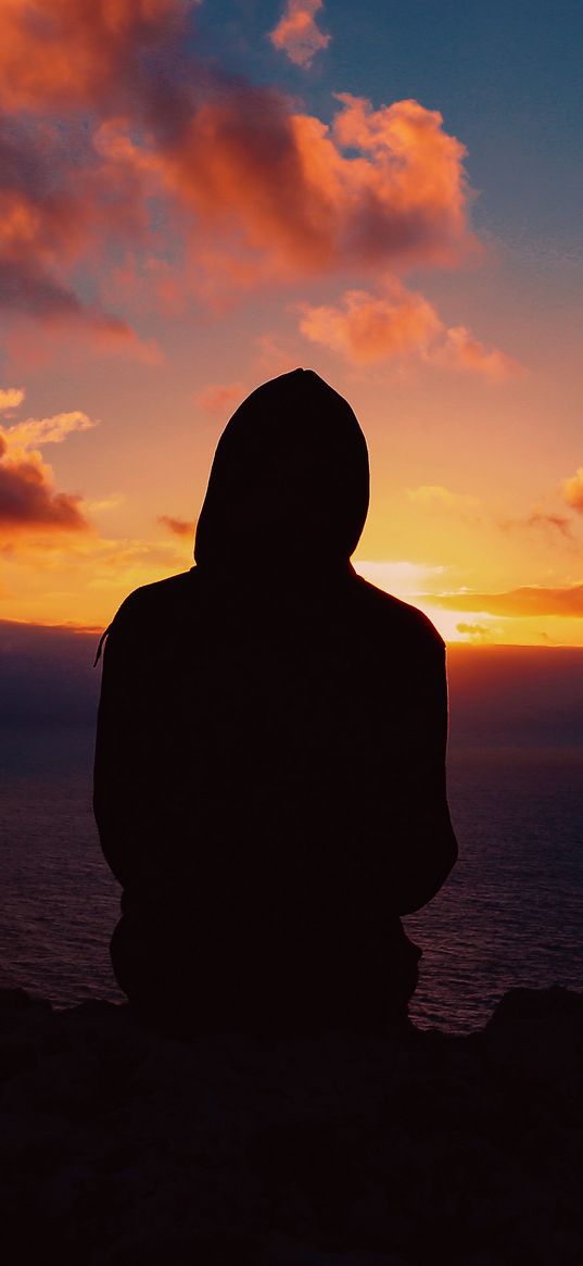 man, lonely, silhouette, sunset, sea, clouds