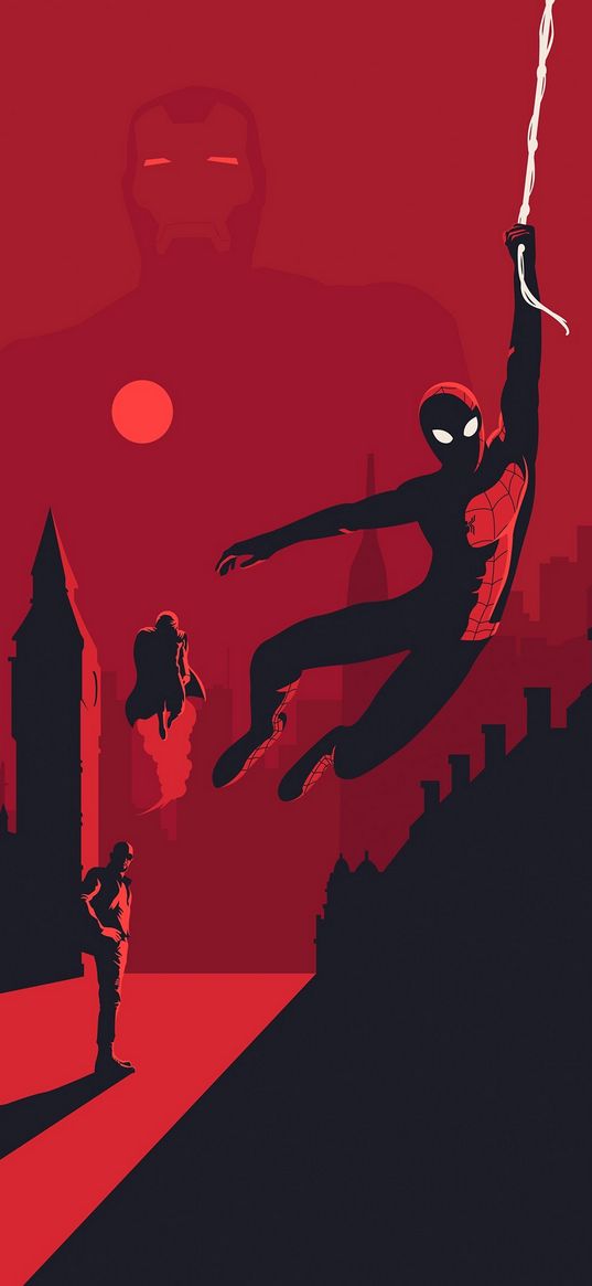 spiderman, spider-man, superhero, mysterio, iron man, marvel, tower, red, art