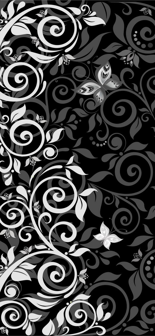 pattern, monograms, leaves, butterflies, white, black