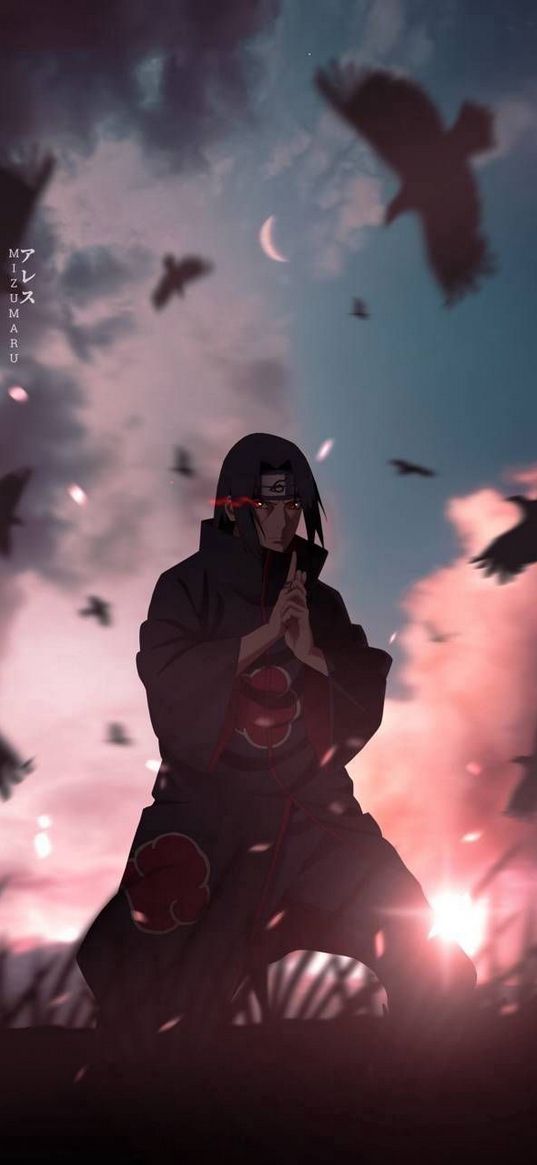 naruto, itachi, anime, birds, sky, clouds, art