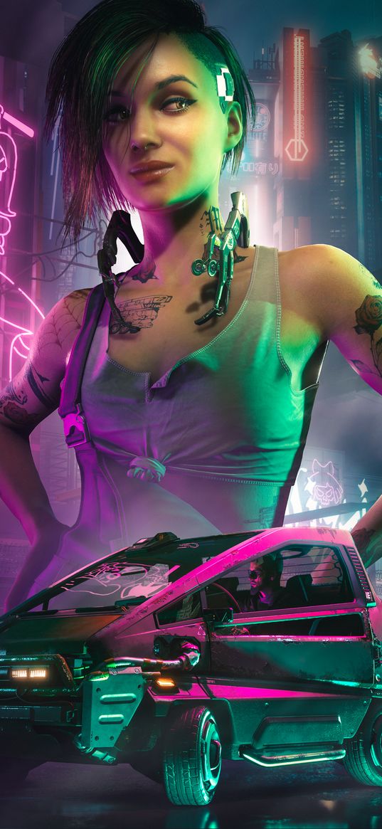 cyberpunk 2077, cyberpunk, judy alvarez, girl, car, city, neon