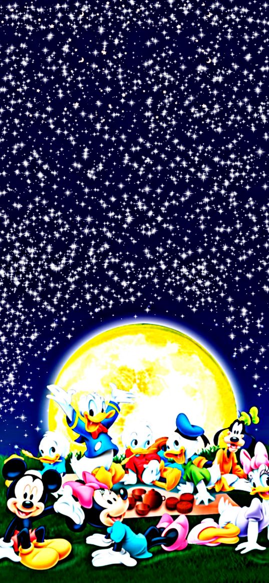 mickey mouse, donald duck, characters, disney, moon, stars, poster