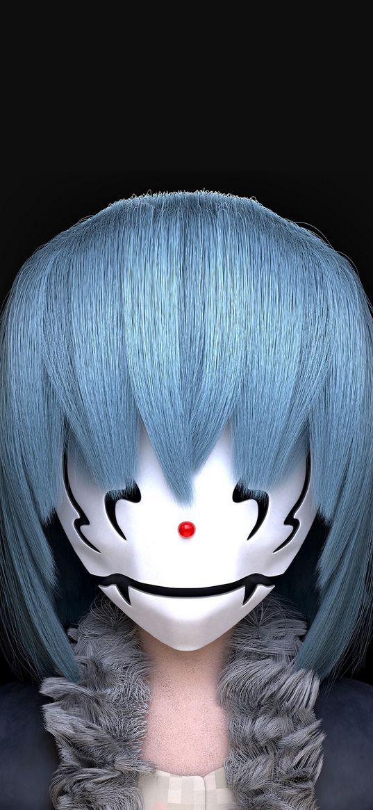 girl, mask, blue hair, anime, black background