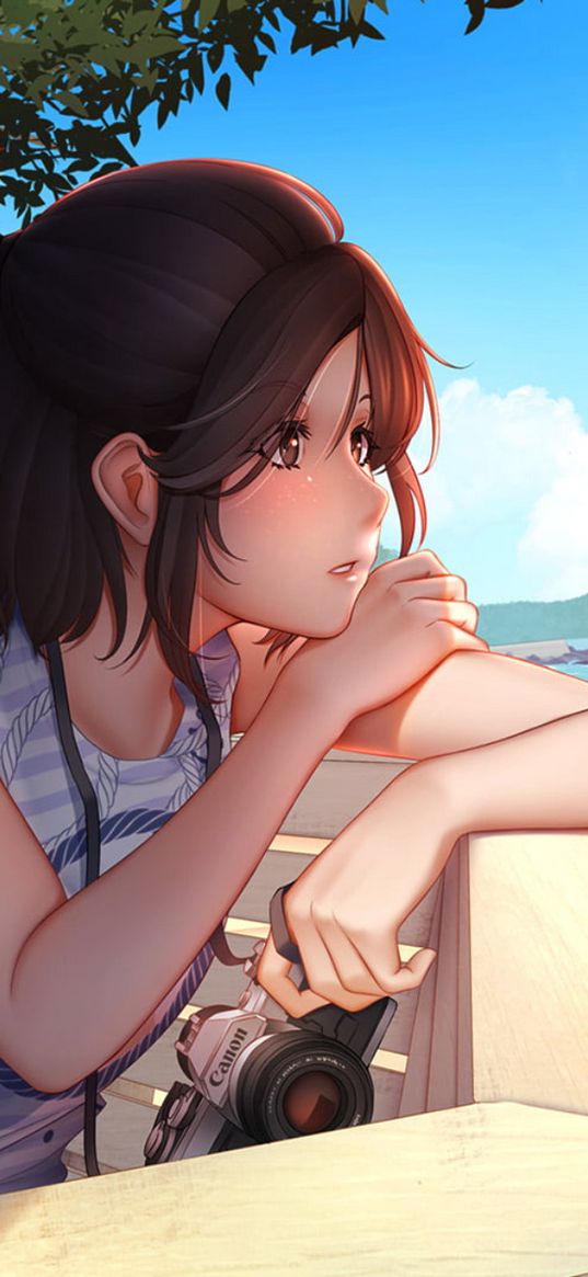 brown hair, woman, illustration, anime, anime girl, beach, summer