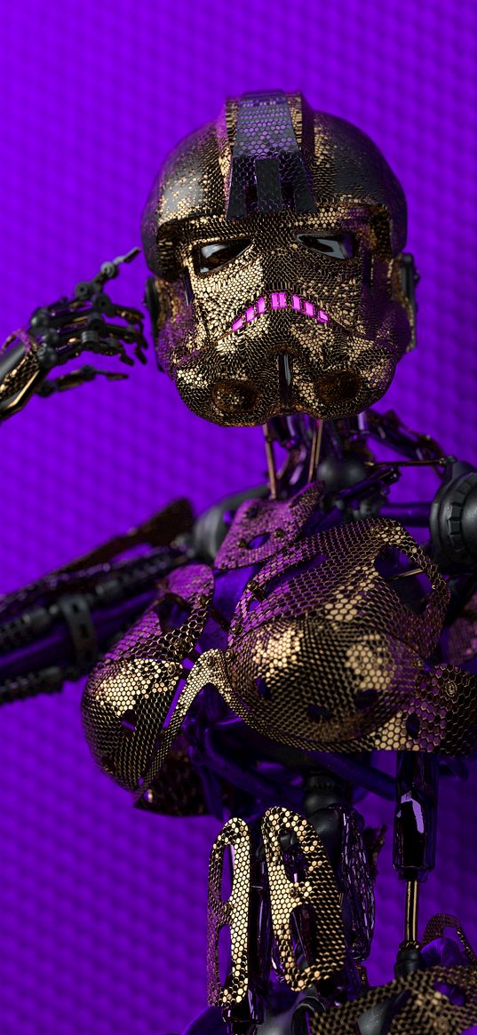 girl, robot, helmet, hand, mechanism, glitter, gold, purple background, digital art