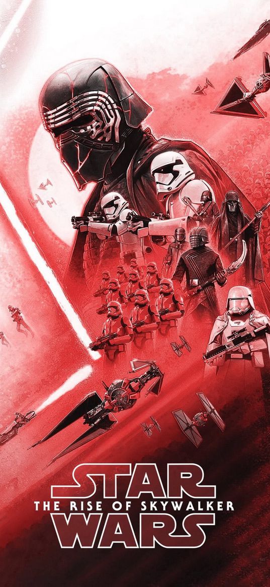 kylo ren, stormtroopers, star wars, characters, spaceships, poster, black, red