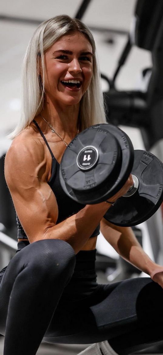 girl, dumbbell, gym, fitness, muscles, smile, joy