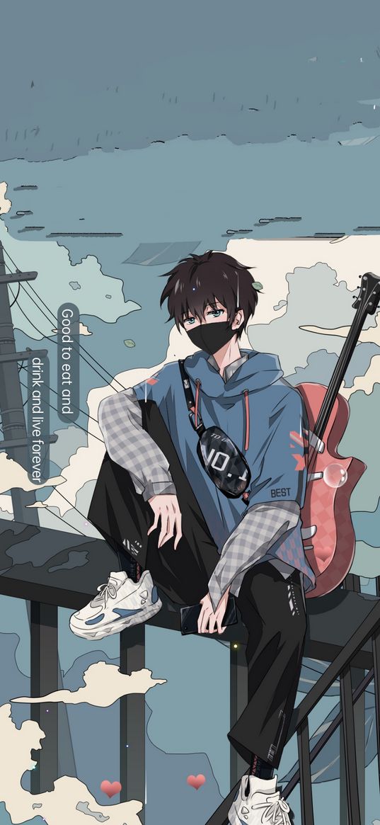 guy, mask, guitar, anime, roof, clouds, text, good to eat and drink and live forever, art