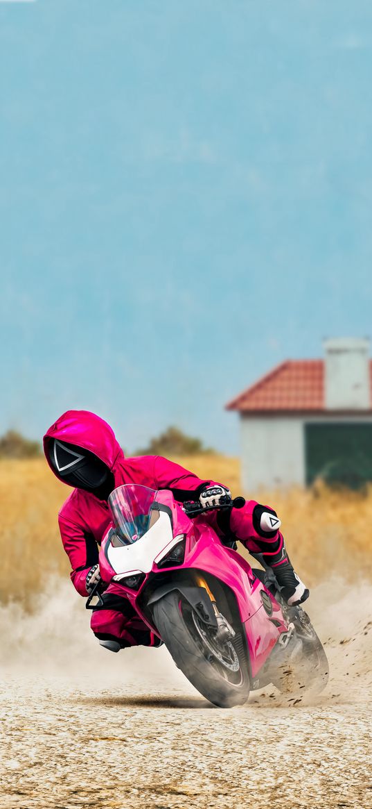 squid game, tv series, security guard, character, motorcycle, bike, pink