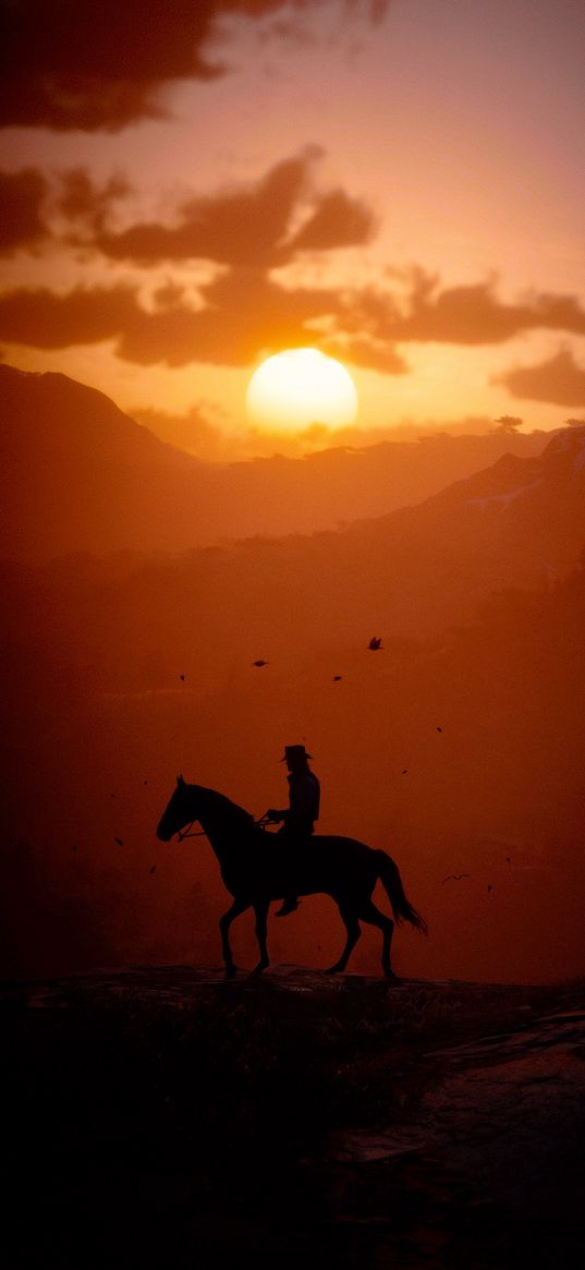 rider, desert, sunset, game, rdr2