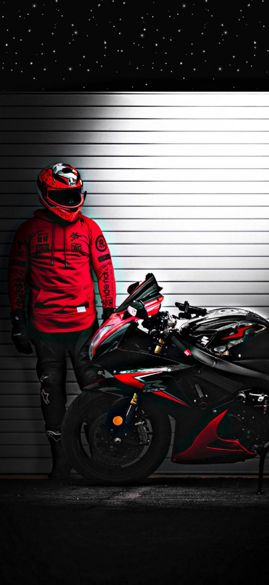 ducati, motorcycle, motorcyclist, black, red, wall, stars, art