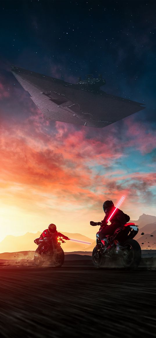 ducati, motorcycles, star wars, sword, red light, battle, spaceship, sci-fi, fantasy, art