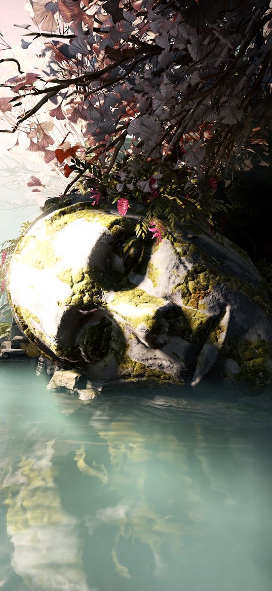 god of war, face, statue, lake, flowers, tree