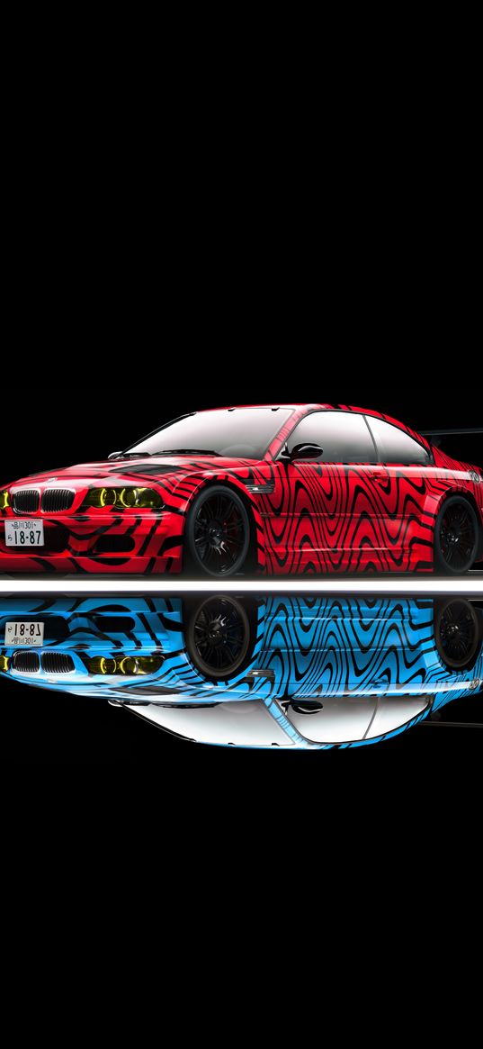 bmw, auto, red car, blue, red, reflection, black background, art