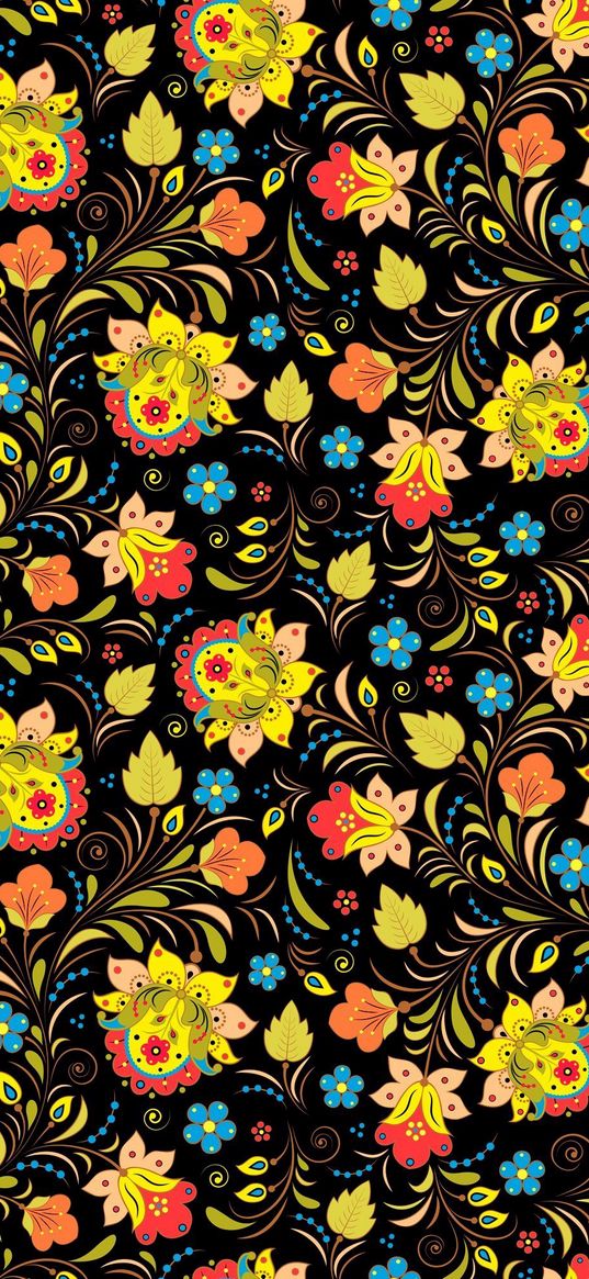 pattern, ornament, flowers, colorful, black background, texture