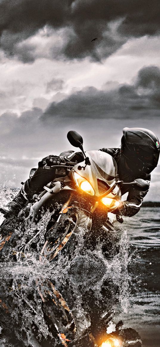 moto, motorbike, motorcyclist, sea, splash, speed