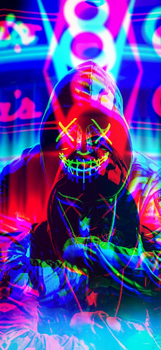 mask, glitch, neon, smile, light