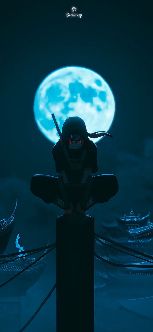 naruto, itachi, sharingan, anime, moon, art