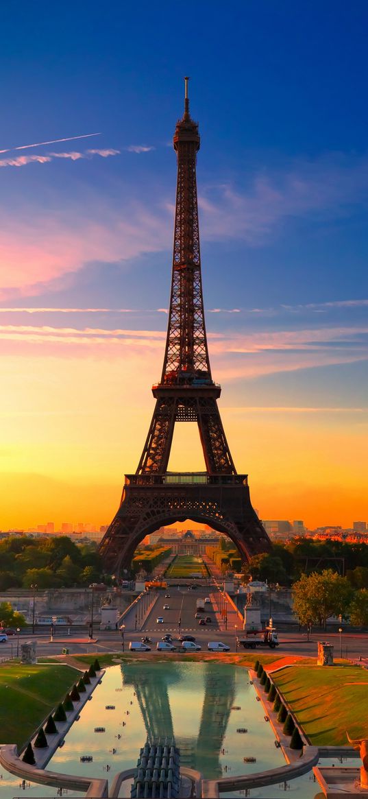 paris, france, eiffel tower, tower, sunset, sky, evening