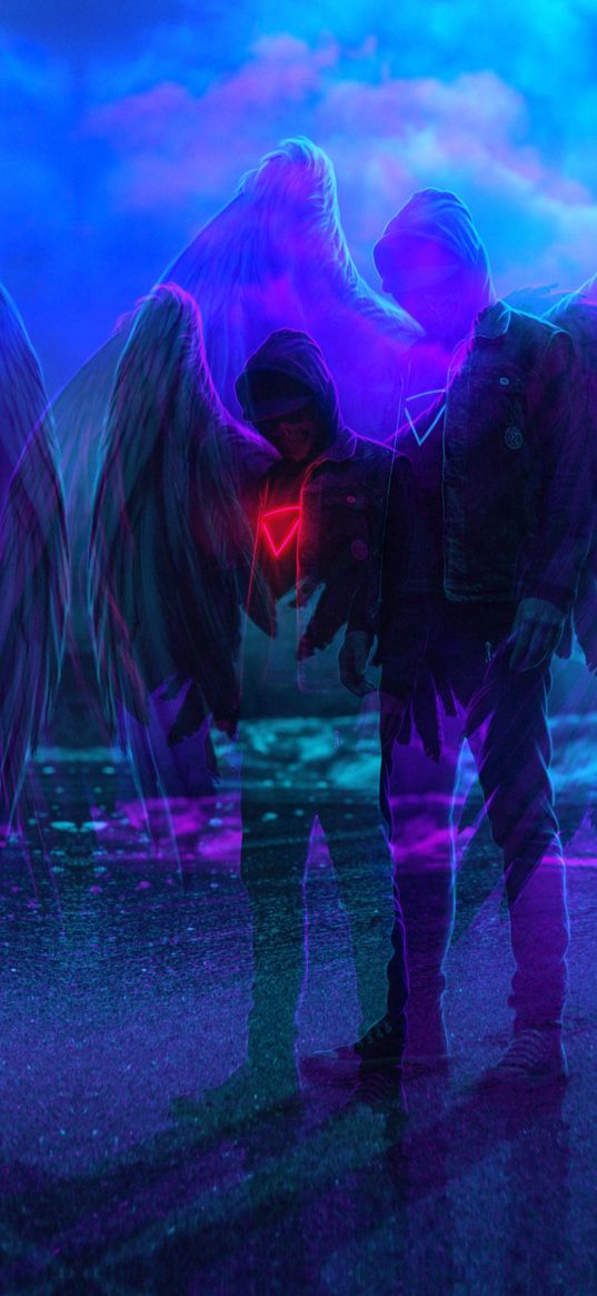 angel, demon, wings, neon, dark