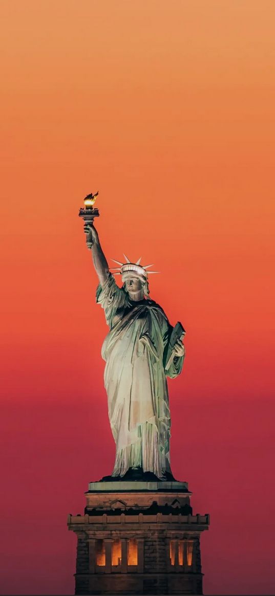 statue of liberty, america, landmark, sunset, orange