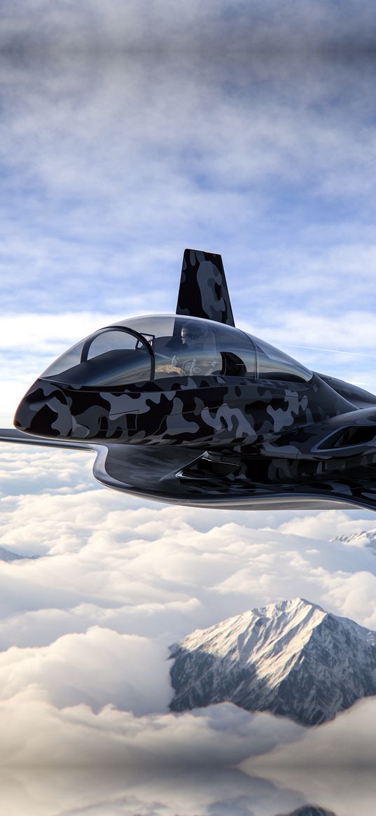 fighter, airplane, pilot, mountains, clouds