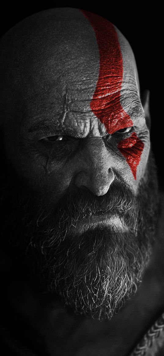 kratos, god of war, video game, man, beard, tattoo, red, black and white