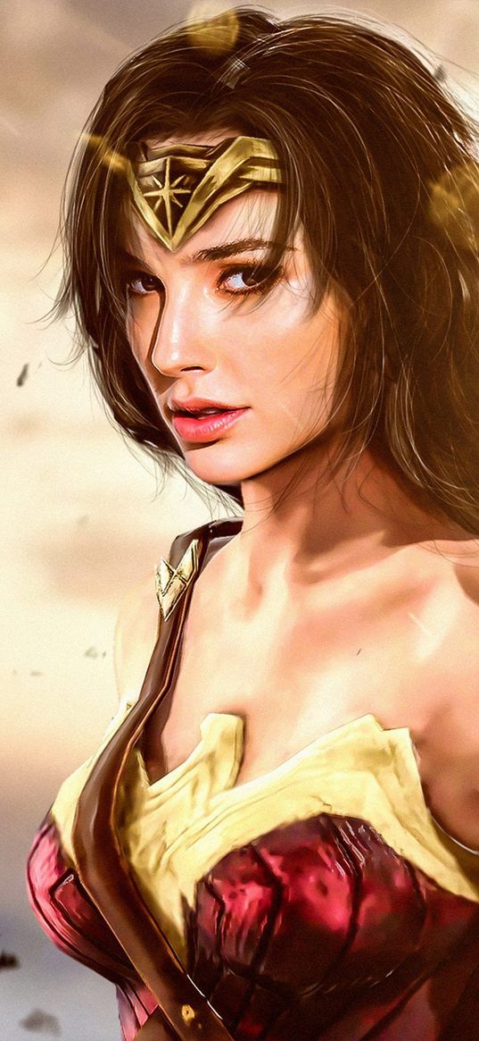 wonder woman, gal gadot, superhero, dc, girl, tiara, armor, art