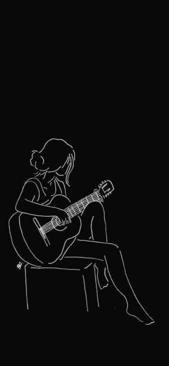 girl, guitar, silhouette, minimalism, black, white, art