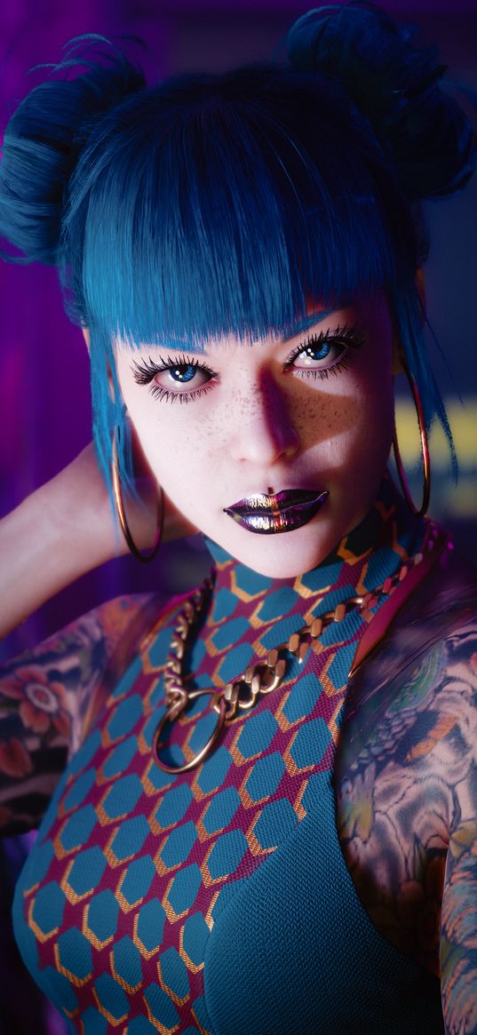 girl, cyberpunk, makeup, blue hair