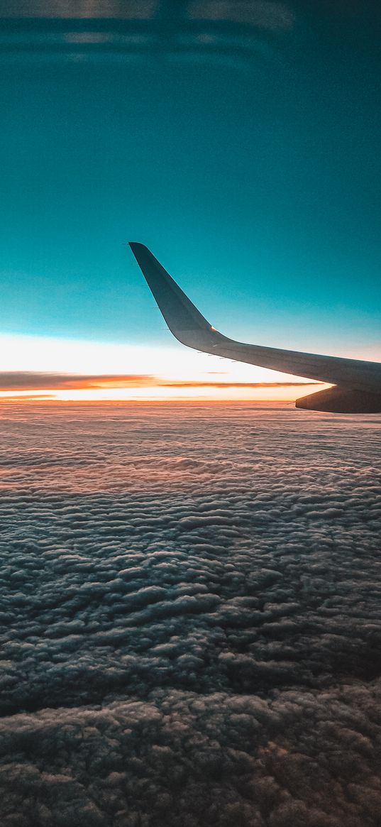 wing, plane, clouds, sunset