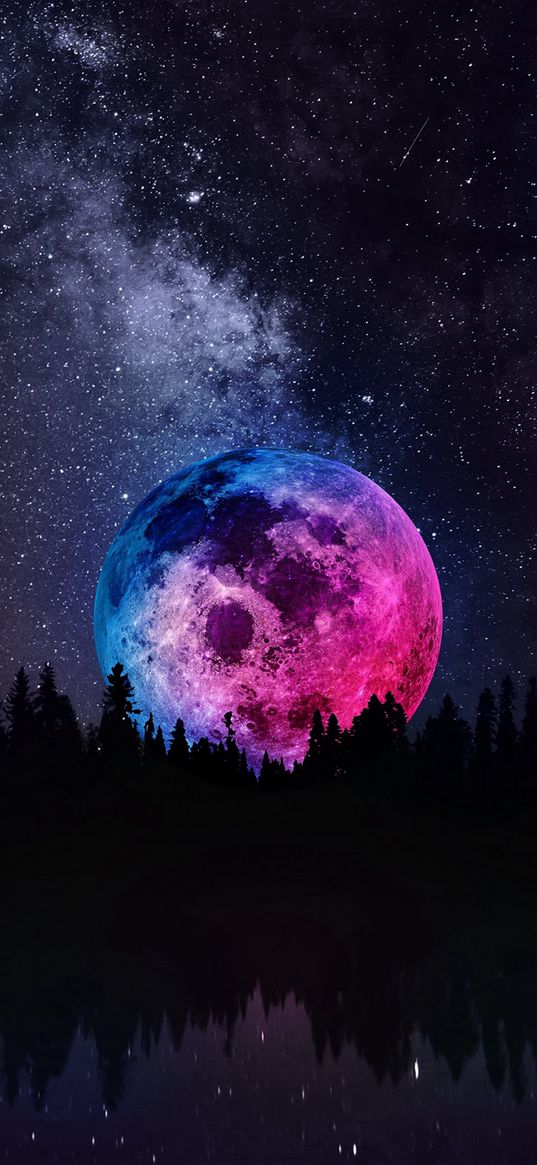 moon, stars, pink, blue, colorful, forest, river