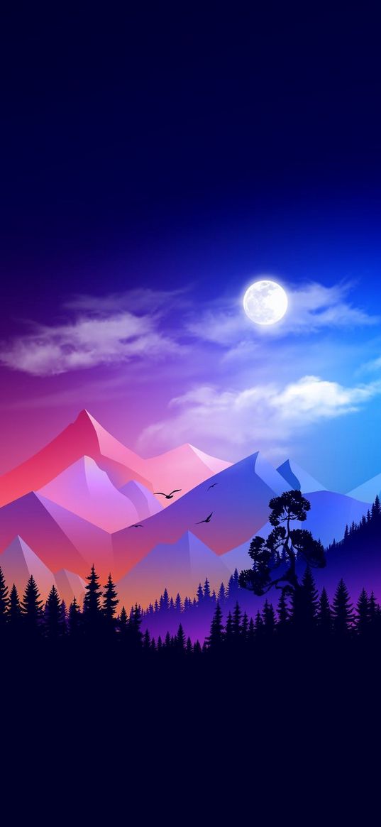 mountains, moon, forest, vector, night, art